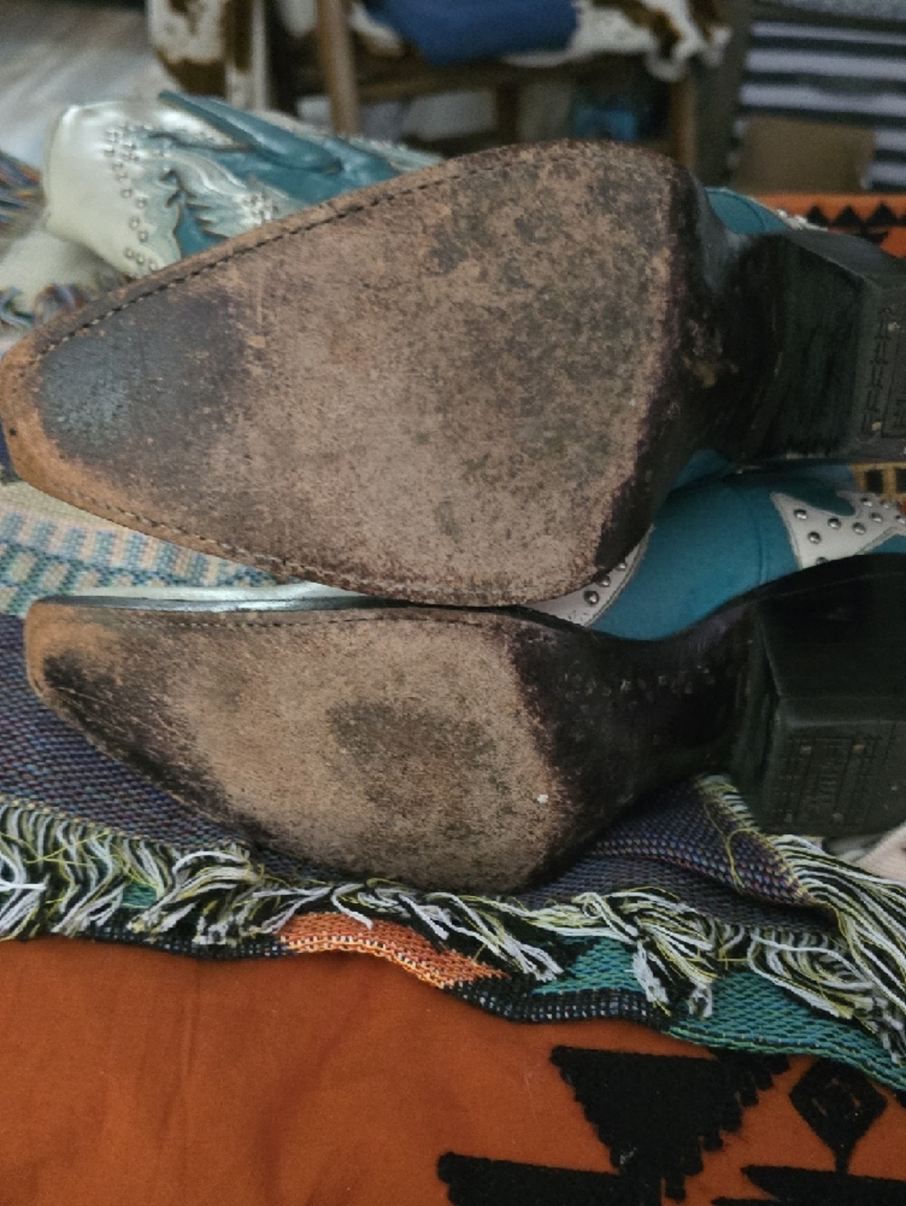 Women’s Teal and Cream Western Heeled Boots - Picture 6 of 10
